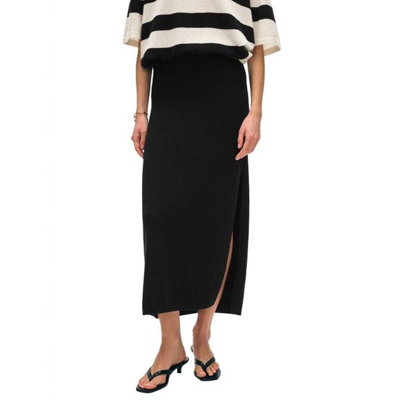 NEW WHITE + WARREN cotton slub slit skirt in black